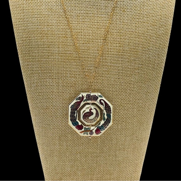 Stunning Vintage 14KT GF Peacock and Floral Cloisonné Spinning Pendant Necklace - Picture 3 of 11